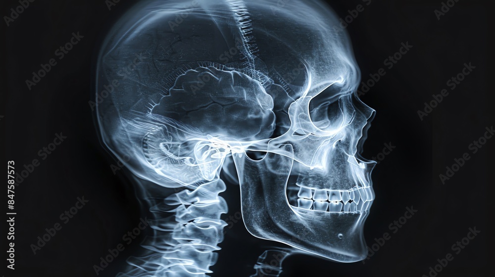 Xray image of the human skull, detailed cranial structure, dark background Xray image of the human skull, detailed cranial structure, dark background