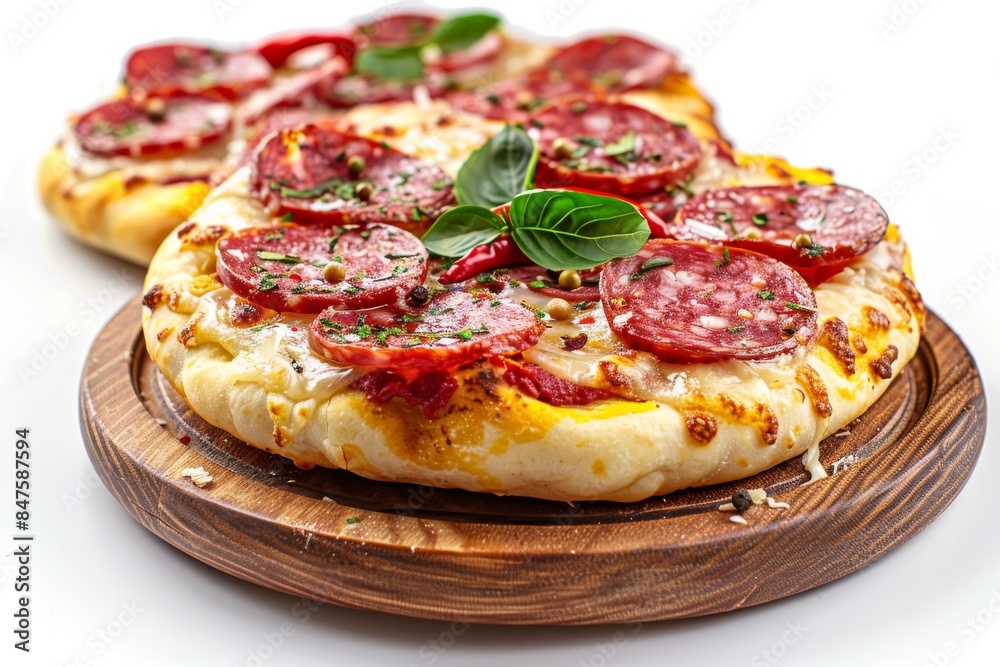 Pepperoni Pizza, Traditional Italian Diabolo Pizza Flatbread on Wood Plate with Salami, Chili Pepper Pepperoni Pizza, Traditional Italian Diabolo Pizza Flatbread on Wood Plate with Salami, Chili Pepper