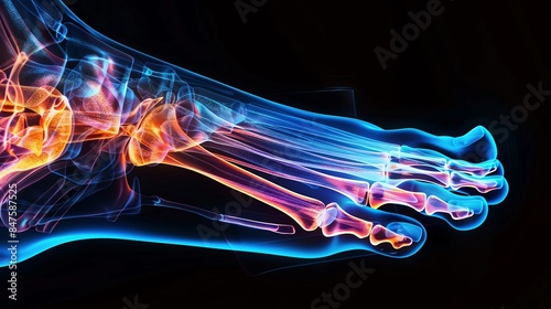 Xray image of the human foot, detailed view of metatarsals and phalanges, black background