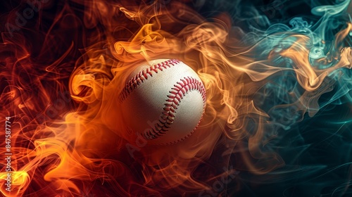 White baseball ball surrounded by swirling multicolored red and gold smoke, set against a dark background, creating a dramatic effect