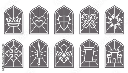 Church glass windows. Gothic vector arch frame with medieval symbols. Vintage architecture elements. Stained mosaic decoration set with crown, heart, shield and sword