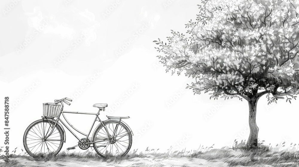 Stylized line art of a bicycle leaning against a tree in a peaceful natural landscape with fluid lines and a minimalist serene aesthetic Stylized line art of a bicycle leaning against a tree in a peaceful natural landscape with fluid lines and a minimalist serene aesthetic