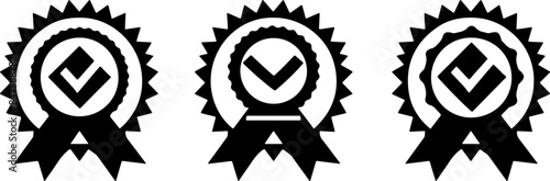 Three black icons of an award ribbon with a check mark on a white background