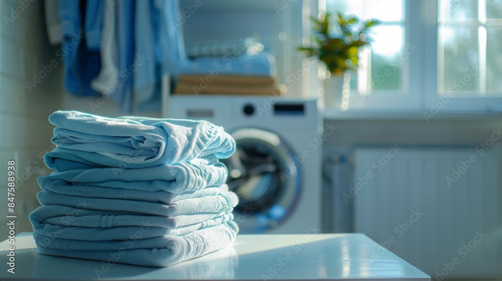 Fresh Laundry Folded and Stacked on White Table with Modern Washing Machine as Backdrop Fresh Laundry Folded and Stacked on White Table with Modern Washing Machine as Backdrop