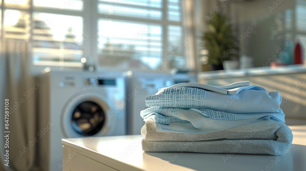 Fresh Laundry Folded and Stacked on White Table with Modern Washing Machine as Backdrop Fresh Laundry Folded and Stacked on White Table with Modern Washing Machine as Backdrop
