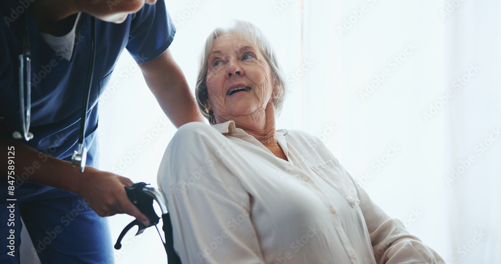 Obraz premium Senior, woman and nurse for support in wheelchair with assisted living, rehabilitation and happy for assistance. Elderly patient, caregiver and smile for wellness, helping hand and healing on mockup
