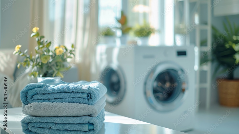 Fresh Laundry Folded and Stacked on White Table with Modern Washing Machine as Backdrop Fresh Laundry Folded and Stacked on White Table with Modern Washing Machine as Backdrop