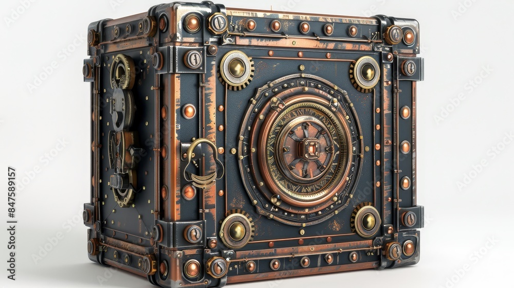 Fototapeta premium Safe, 3D illustration, sturdy design, isolated on white background, steampunk, intricate details