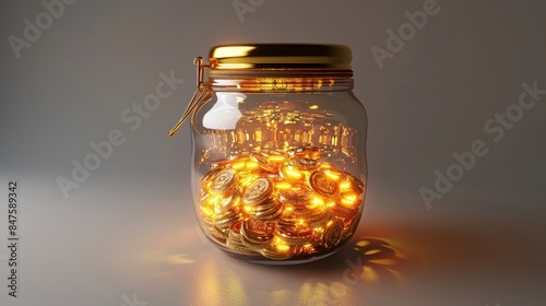 Savings jar, 3D illustration, transparent glass, isolated on white background, fantasy, glowing elements