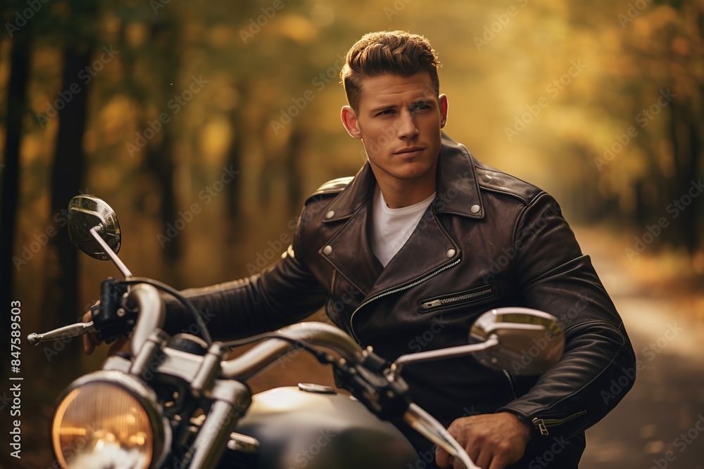 A beautiful man wearing a leather jacket rides his motorcycle through an autumn treeless, in the style of heroic masculinity, strong facial expression, elegant clothing. A beautiful man wearing a leather jacket rides his motorcycle through an autumn treeless, in the style of heroic masculinity, strong facial expression, elegant clothing.