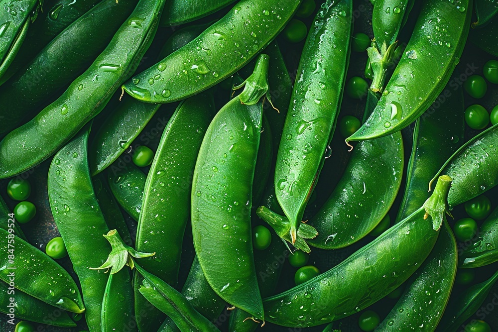 A close-up photo of fresh green sugar snap peas. A close-up photo of fresh green sugar snap peas.