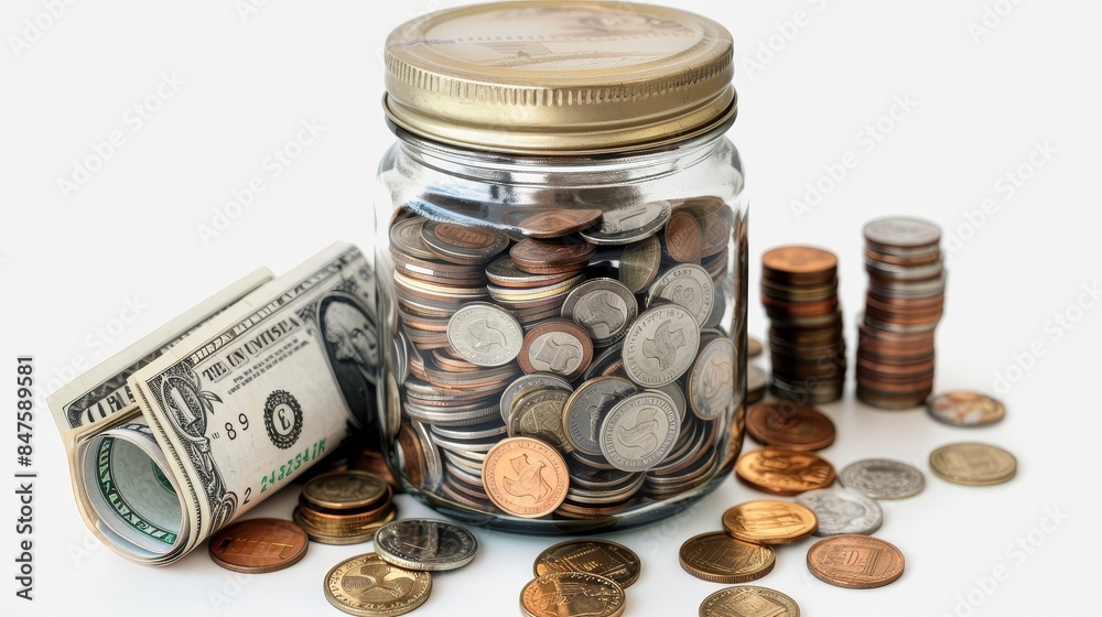 Savings jar clipart, 3D rendering, coin jar, paper money, isolated on white background, copy space Savings jar clipart, 3D rendering, coin jar, paper money, isolated on white background, copy space