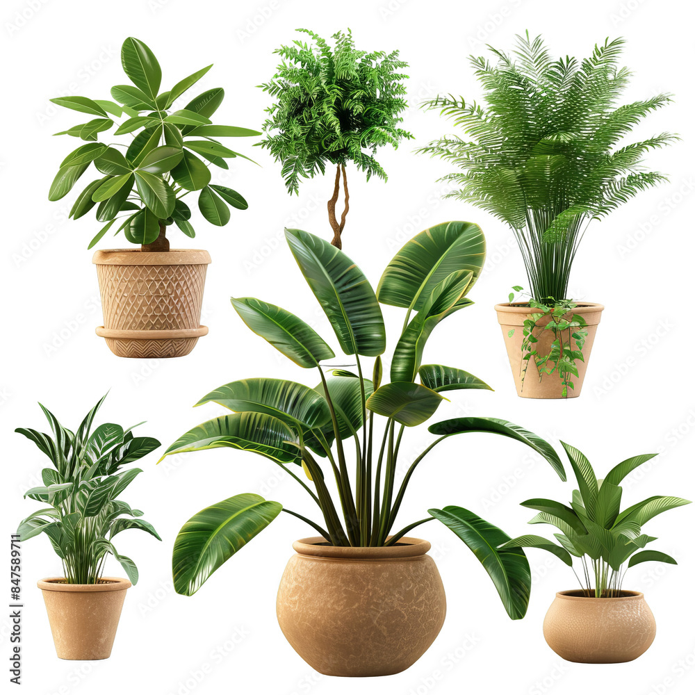 Fototapeta premium Tropical Houseplants Collection - 3D Rendered Green Indoor Plants in Pots
