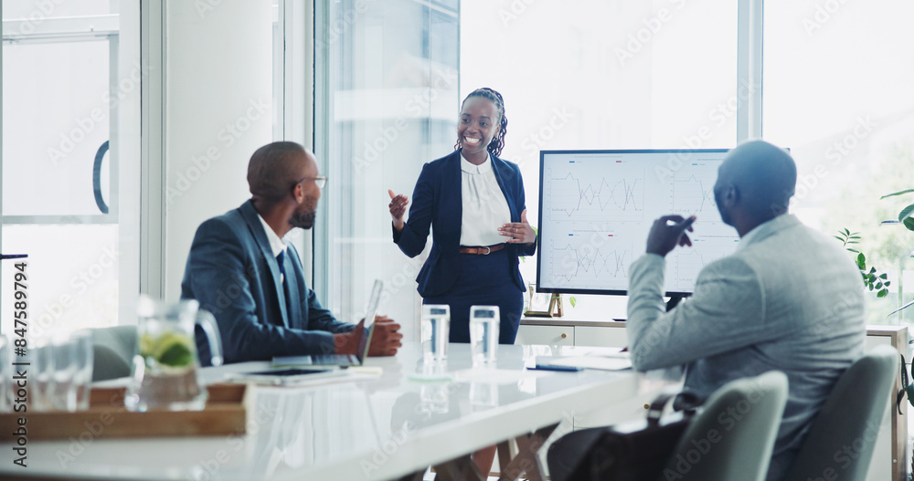 © Azeemud/peopleimages.com - Business, people and presentation in office on meeting and workshop as accountant. Teamwork, collaboration and happy or smile with feedback, review and target report or company growth and client