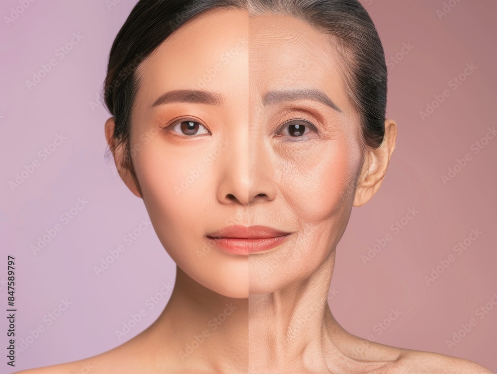 Split face shows aging woman