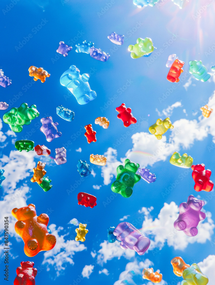 Fototapeta premium Colorful gummy bears defying gravity in the sky