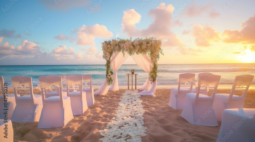 Fototapeta premium Beautiful Beachfront Wedding Altar at Sunset with Elegant Decor and Serene Ocean Background