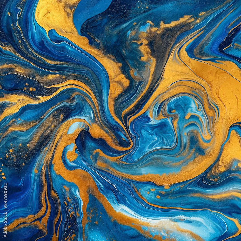 Blue and yellow wave pattern with gold swirls on liquid backdrop