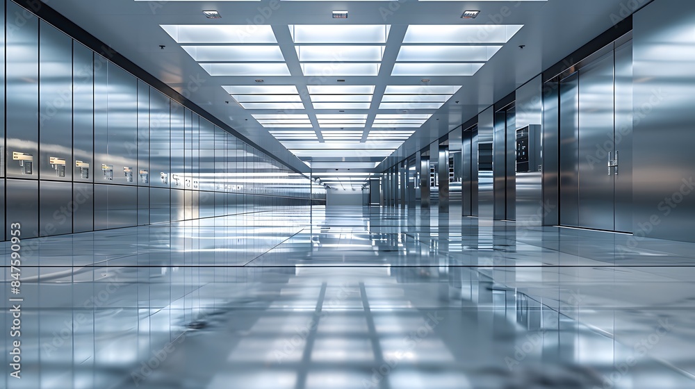 A long row of hightech, stainless steel safe boxes is set against the backdrop of an empty room with glossy floor and ceiling. This scene emphasizes how modern safety fixtures. A long row of hightech, stainless steel safe boxes is set against the backdrop of an empty room with glossy floor and ceiling. This scene emphasizes how modern safety fixtures.