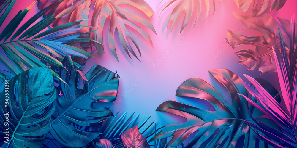 A stunning digital artwork of tropical foliage in vivid colors with prominent pink tones