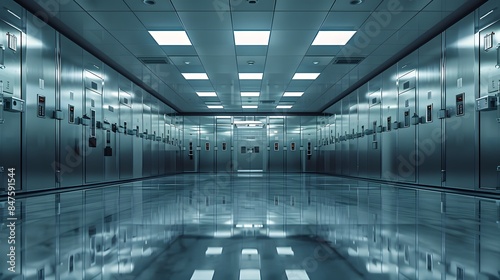 A long row of hightech, stainless steel safe boxes is set against the backdrop of an empty room with glossy floor and ceiling. This scene emphasizes how modern safety fixtures.