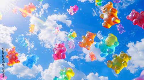 Colorful gummy bears in a sunny sky with rainbow