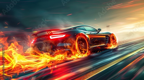 Sport car racing with flames from its wheels, high-speed drama and excitement, capturing the intensity of the race