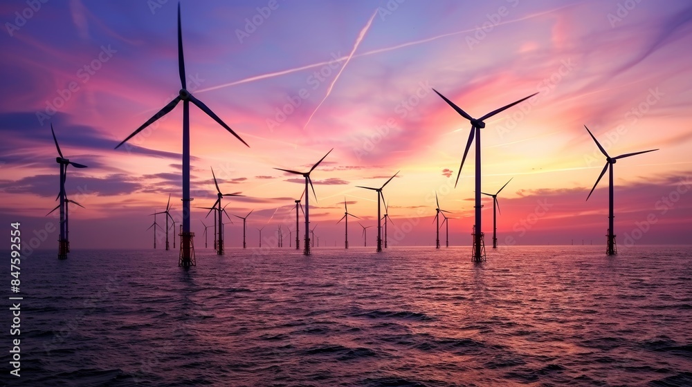 Fototapeta premium Scenic offshore wind farm, turbines turning against the backdrop of an ocean sunset, generating electricity, serene and powerful