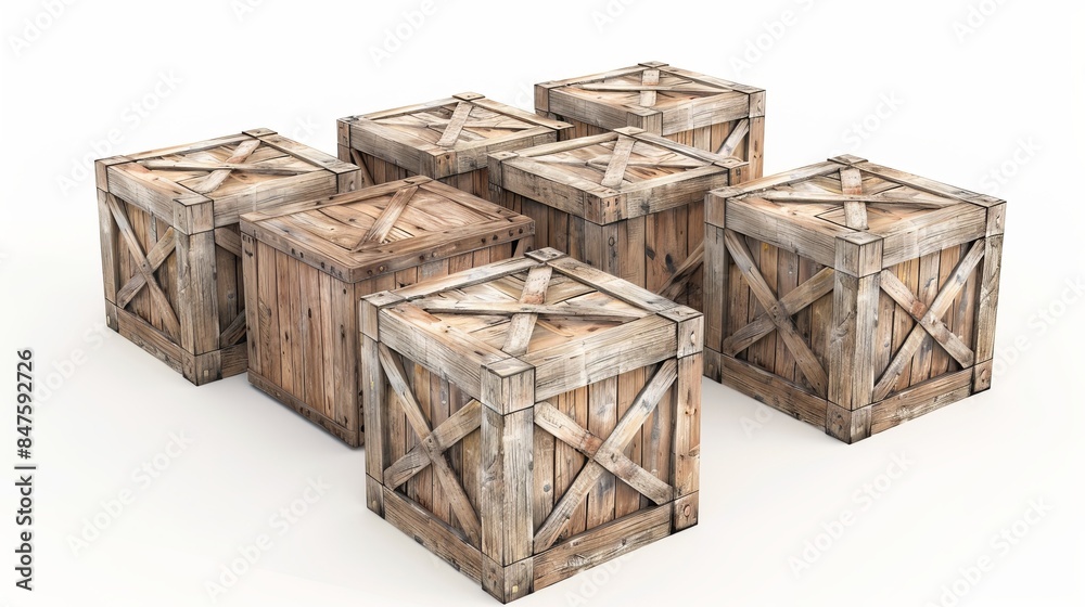 Realistic 3D illustration, isometric perspective of wooden shipping crates, placed against a white background, with attention to texture and detail Realistic 3D illustration, isometric perspective of wooden shipping crates, placed against a white background, with attention to texture and detail