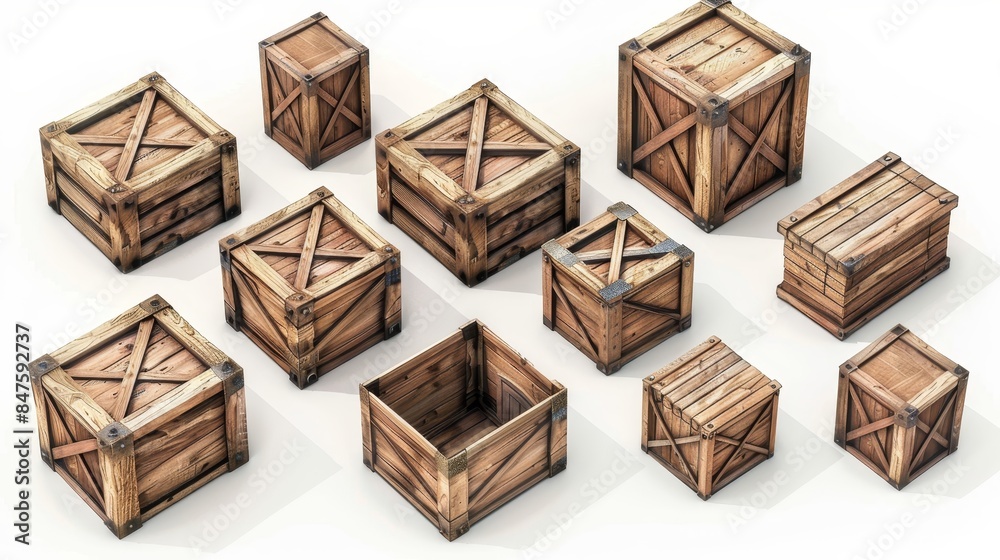 Realistic 3D illustration, isometric perspective of wooden shipping crates, placed against a white background, with attention to texture and detail Realistic 3D illustration, isometric perspective of wooden shipping crates, placed against a white background, with attention to texture and detail