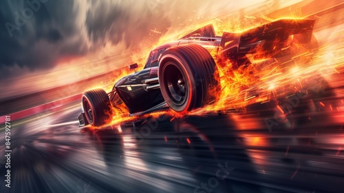 Racing car with wheels on fire, speeding down the track, dramatic and exciting scene, epitomizing high-speed thrills