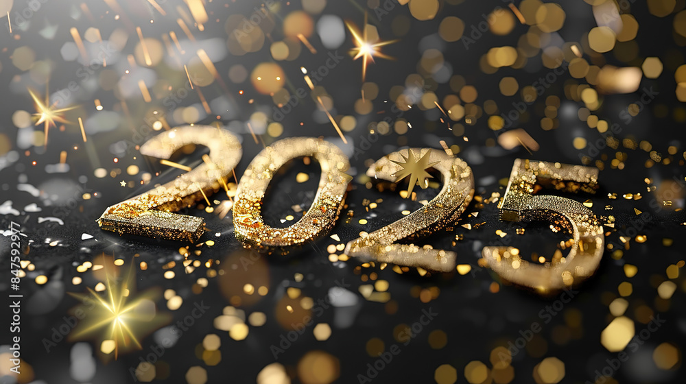 Golden number 2025 for New Year banner or greeting. Golden numbers 2025 on a dark background with golden blurred bokeh Golden number 2025 for New Year banner or greeting. Golden numbers 2025 on a dark background with golden blurred bokeh