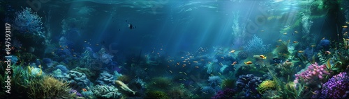 Wallpaper Mural Beautiful underwater scene with vibrant coral reefs and tropical fish swimming in clear blue ocean water, showcasing marine biodiversity. Torontodigital.ca