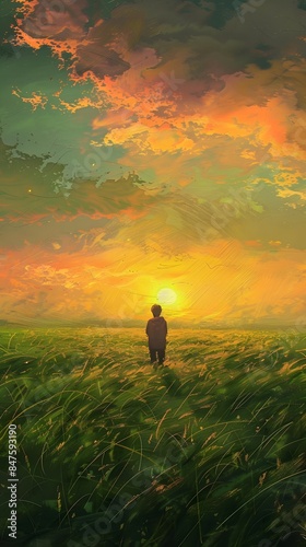 Soul question feeling, walking in green grass field in sunset lighting © sw