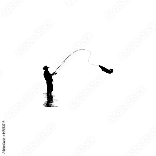 Silhouette of the Fisherman or Angler Catch Fish, can use for Art Illustration, Logo Gram, Sticker, or Graphic Design Element. Vector Illustration