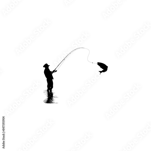 Silhouette of the Fisherman or Angler Catch Fish, can use for Art Illustration, Logo Gram, Sticker, or Graphic Design Element. Vector Illustration