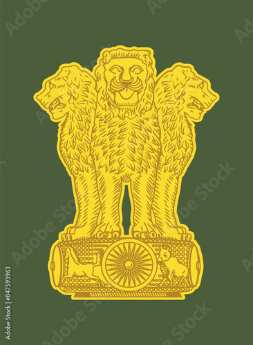 Coat of arms Indian National emblem vector art with fine details lions, Ashoka chakra, Republic of India. Bharat, constitution Crest Animal for Government Hindi Pillar. Army, Navy, Military Delhi eps