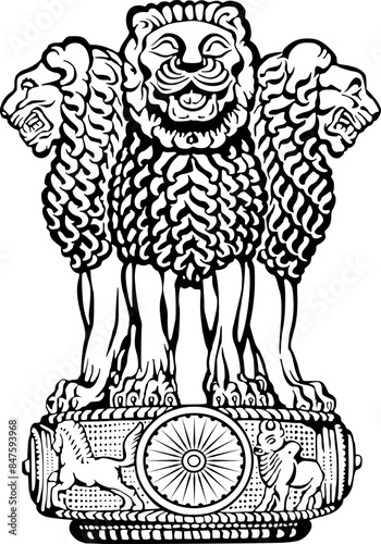 Coat of arms Indian National emblem vector art with fine details lions, Ashoka chakra, Republic of India. Bharat, constitution Crest Animal for Government Hindi Pillar. Army, Navy, Military Delhi eps