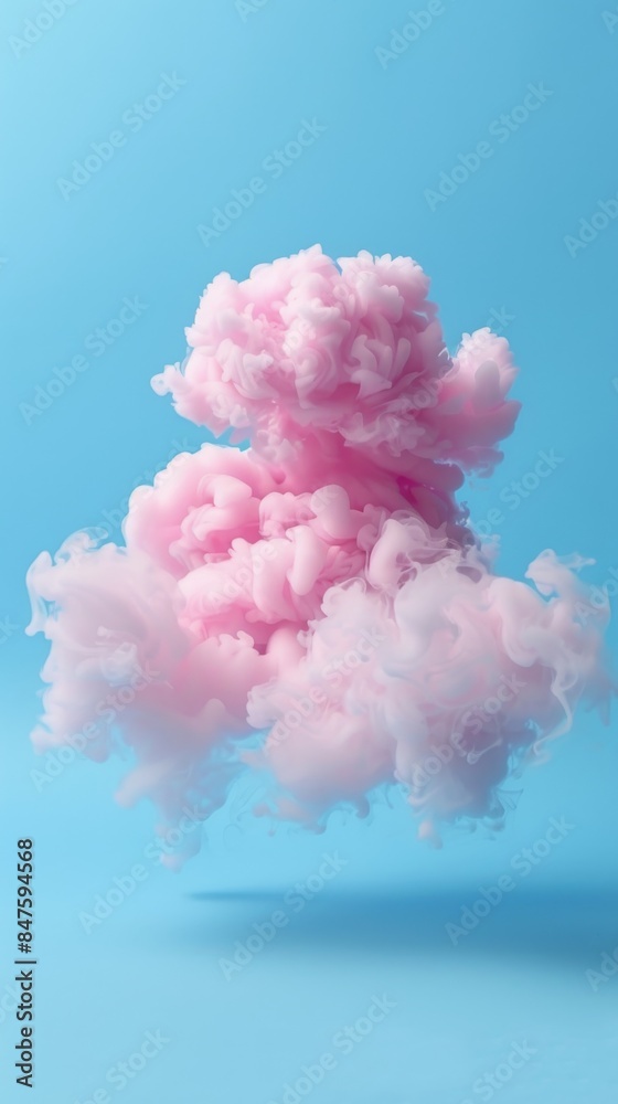 A pink cloud filled with smoke floating against a blue background A pink cloud filled with smoke floating against a blue background