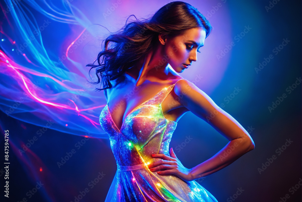 Naklejka premium beautiful young woman in silver dress under color lights. shining sexy girl in lamps
