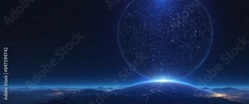 A cosmic scene with a large, glowing sphere floating above a mountain range under a starry sky. photo