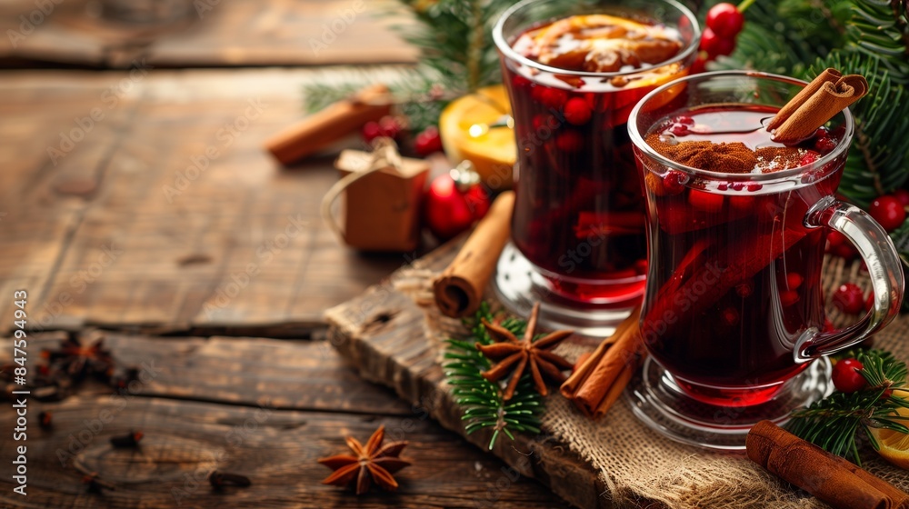 Christmas mulled red wine with spices and fruits on old wooden table. Traditional hot drink at Christmas time Christmas mulled red wine with spices and fruits on old wooden table. Traditional hot drink at Christmas time