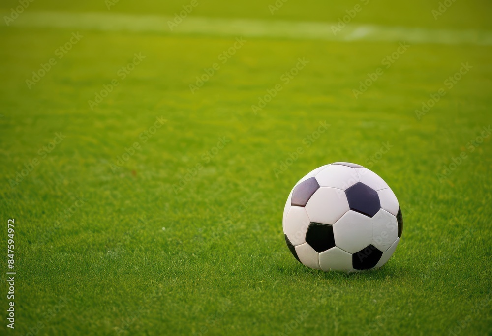 A black and white soccer ball on a green field. A black and white soccer ball on a green field.