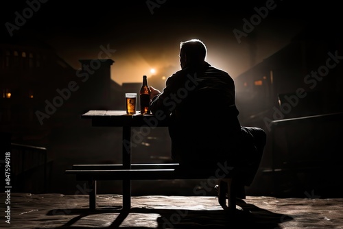 An Alcoholic Drinks Alone, Man Drinking Beer Dark Silhouette, Alcohol Addiction Concept photo