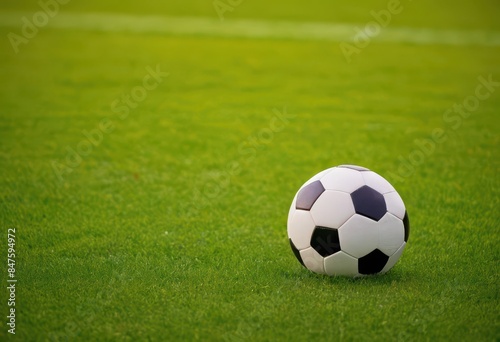 A black and white soccer ball on a green field.