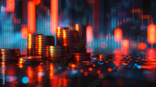 Financial Growth Concept: Coins and Digital Charts Representing Stock Market Trading, with Cash Coins Stack on Dark Gradient Background