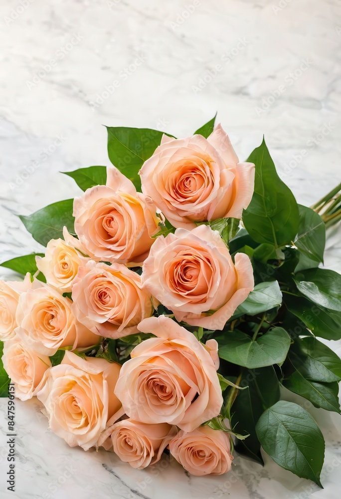 Fototapeta premium A bouquet of pink roses with green leaves on a white marble surface.