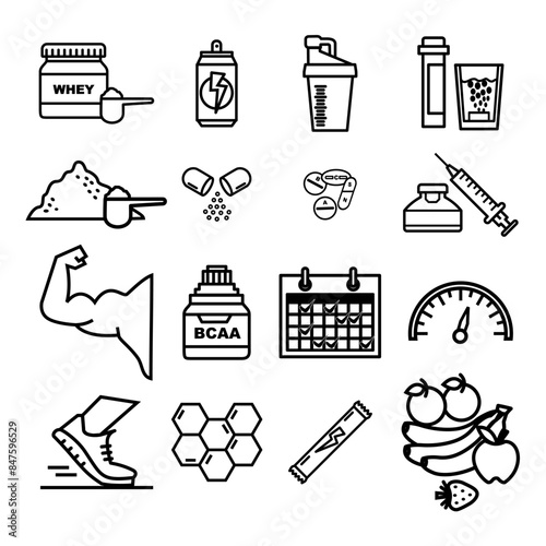 Gym sports and fitness supplements. Muscle protein, health, training, weight and energy. Vitamin bottle illustration for bodybuilding, body, workout, strength, food, nutrition. Icon set