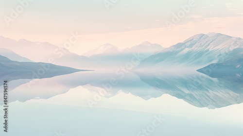 A stunning landscape photo of a mountain range reflected in a still lake, with a soft pastel color palette