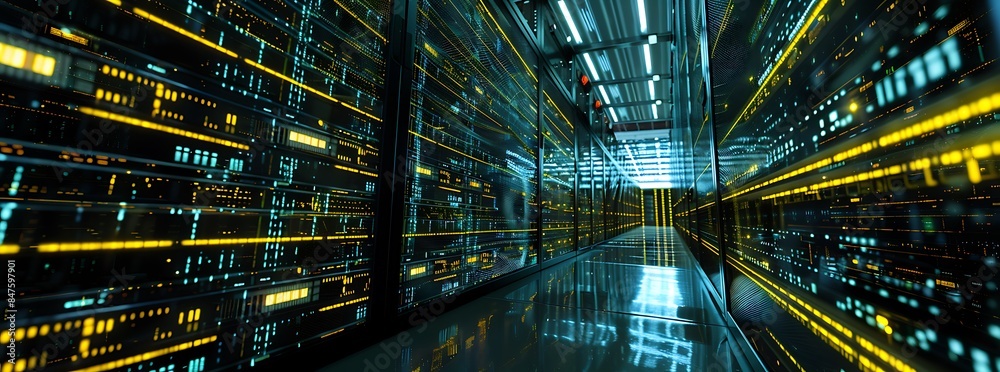 An array of servers hums quietly in a data center, information with lightning speed thanks to advanced artificial intelligence algorithms An array of servers hums quietly in a data center, information with lightning speed thanks to advanced artificial intelligence algorithms